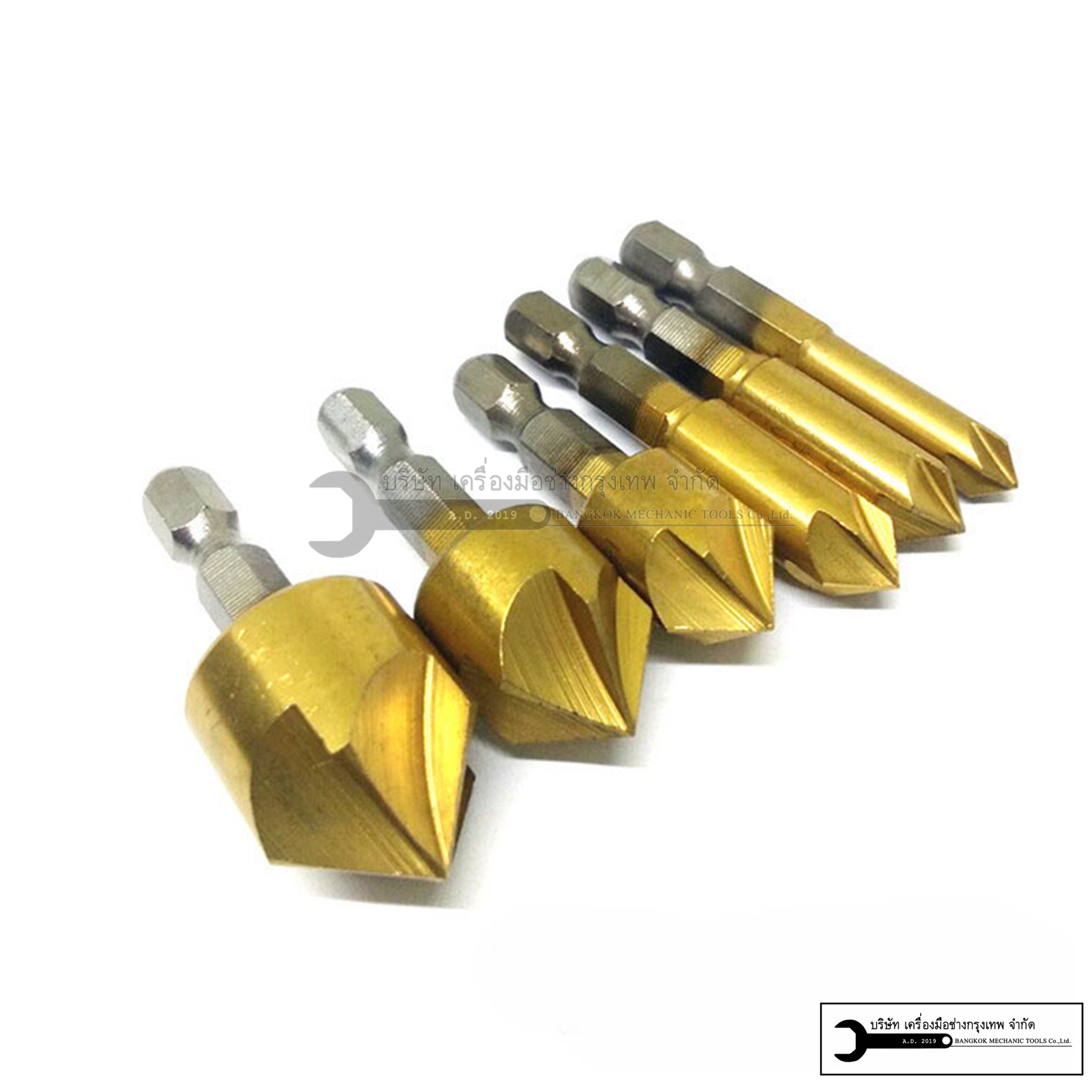 ดอกเจาะรูทองเหลือง ชุดดอกผายรู ดอกเจาะผาย แกนหกเหลี่ยม สวมเร็ว ซ่อนหัวน็อต สกรู สำหรับ งานไม้ พลาสติก แผ่น PVC 6 ชิ้น ขนาด 6-19 mm ชุดละ 5 ดอก