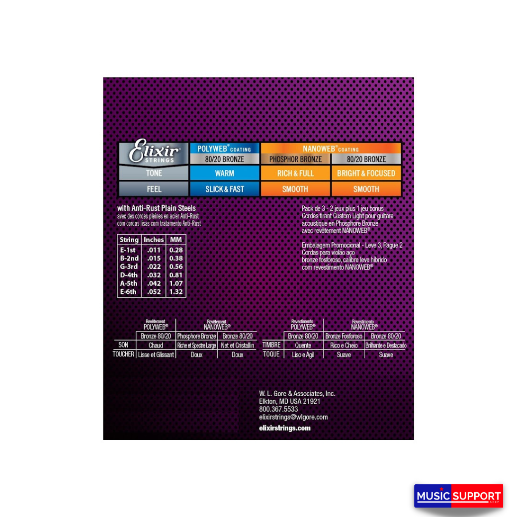 สายกีตาร์โปร่ง Elixir 16544 Phosphor Bronze Nanoweb Custom Light Acoustic Strings 11-52 (3-Pack)