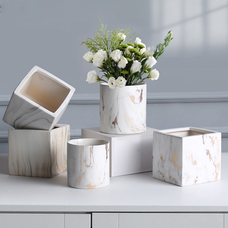 TS061J006 TROPACL กระถางลายหินอ่อน แซมสีทองเทา กระถางลายหิน กระถางต้นไม้ กระถางสวยๆ MARBLE PLANT POT