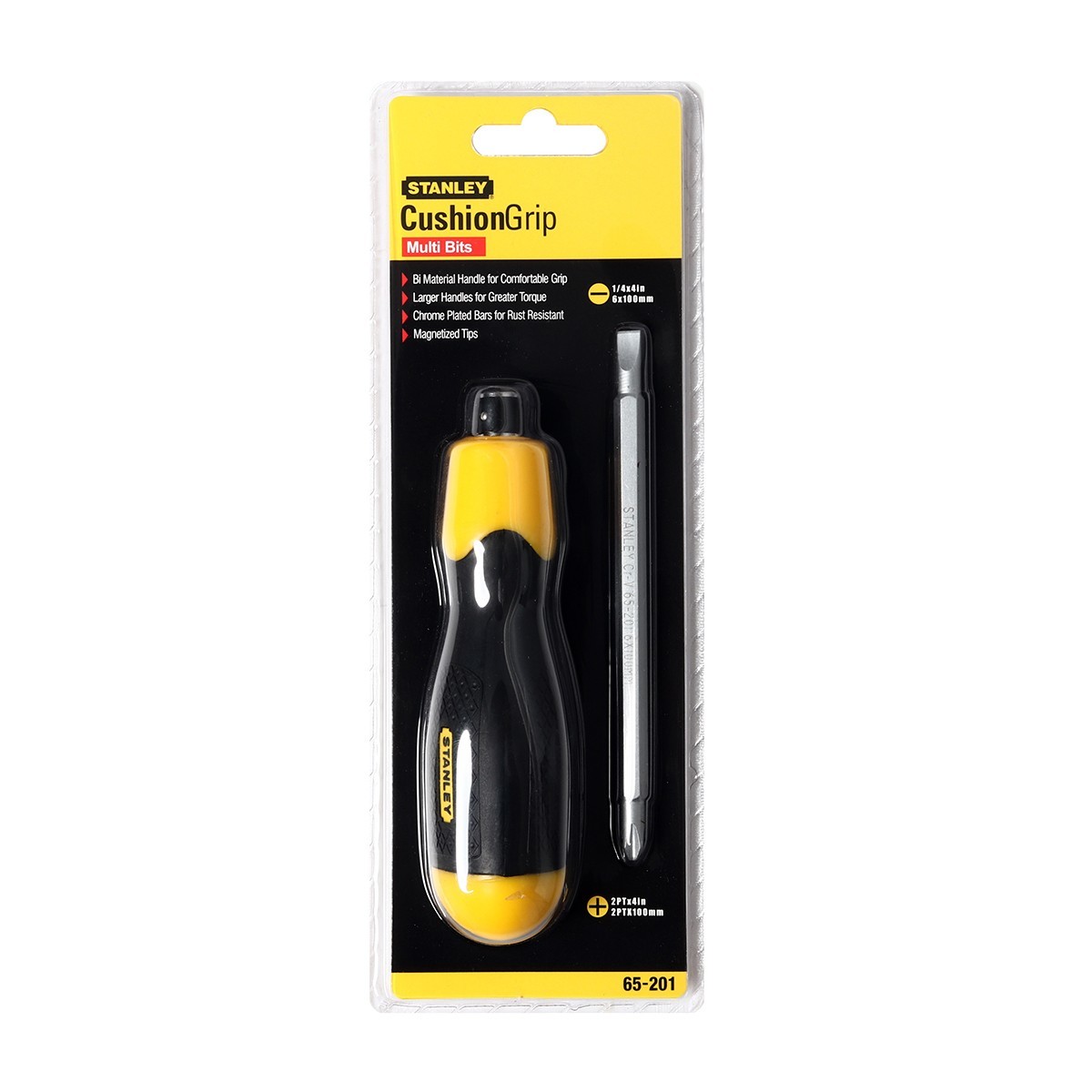 STANLEY ไขควงสลับ ด้ามหุ้มยาง ปากแบน - ปากแฉก Multi Bits 2 Ways Screwdriver รุ่น 65-201 (ปากแบน 6 มม. สี่แฉก PH2) 4 นิ้ว
