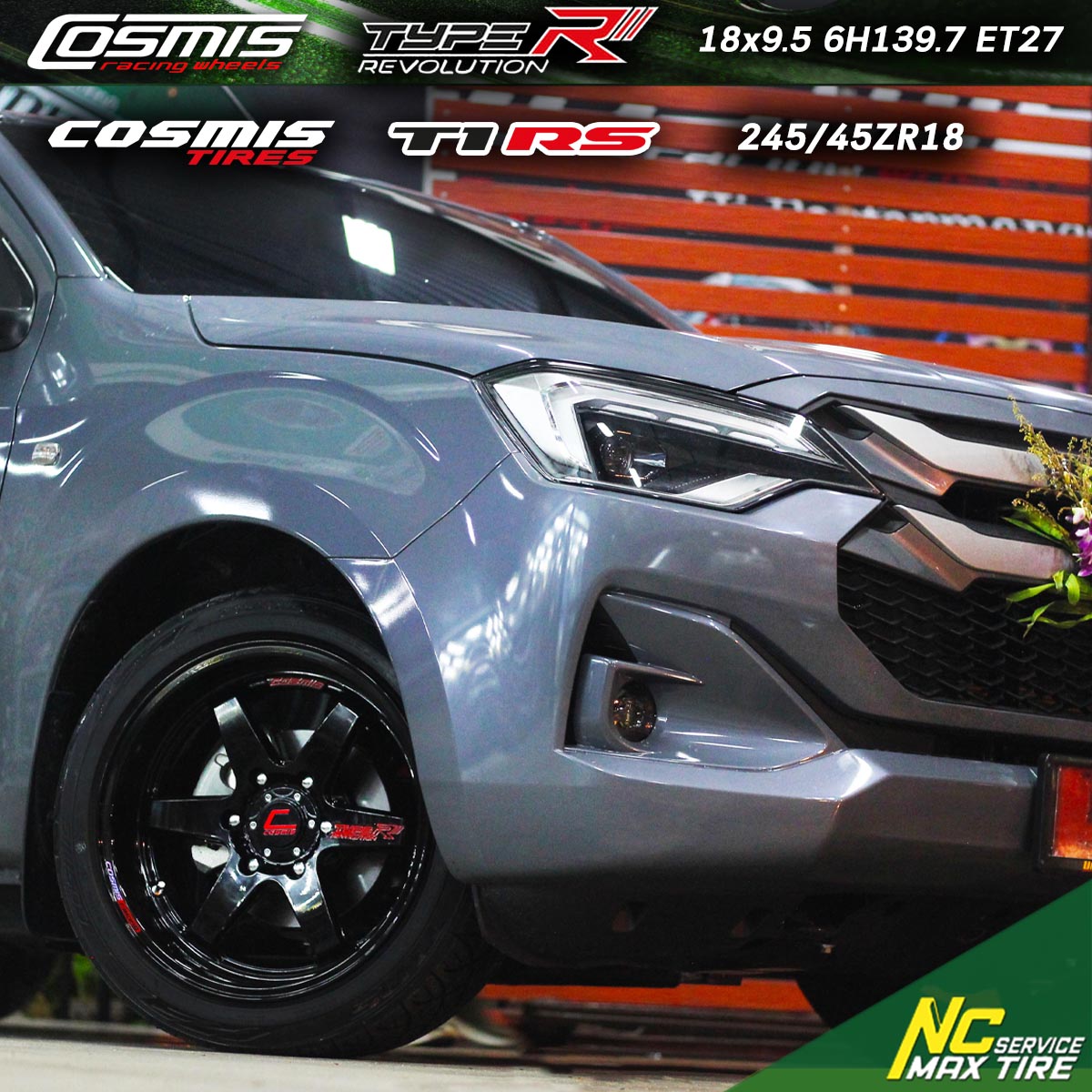ISUZU DMAX / ล้อแม็กขอบ18 / Cosmis / Type-R Revolution / 18x9.5 6H139.7 ET27 / ล้อแม็กสีดำเงาทั้งวงCNCหยอดตัวหนังสือแดง / T1RS / 245/45ZR18 / NCล้อแม็ก / ล้อแม็กสำหรับรถกระบะ