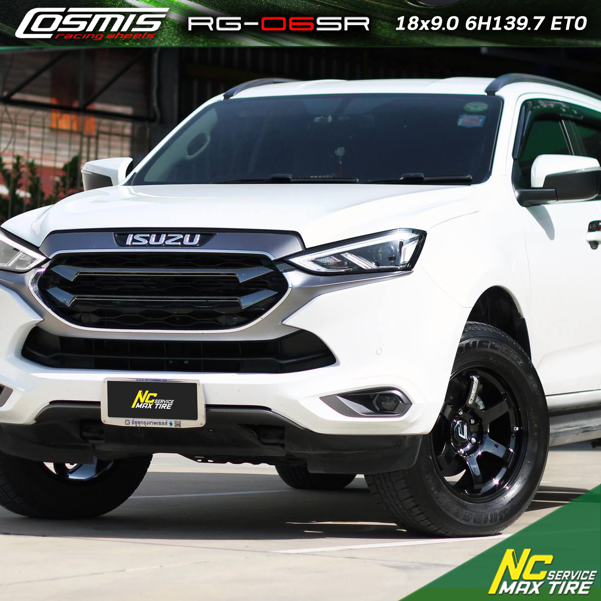 NCชลรีวิว.EP263 Isuzu Mu-X Cosmis Wheel : RG-06SR 18x9.0 6H139.7 ET0 ล้อแม็กสีดำเงาทั้งวงCNCหยอดตัวหนังสือแดง NCล้อแม็ก