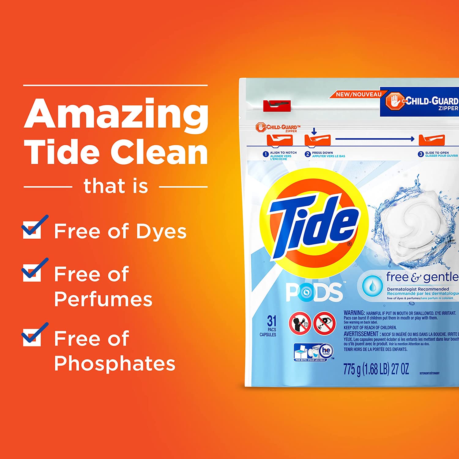 Tide PODS Free & Gentle Laundry Detergent Soap Pods เม็ดซักผ้าซักผ้าสูตรอ่อนโยน 81 เม็ด