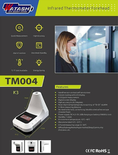 Watashi TM004 Infrared Thermometer เครื่องวัดอุณหภูมิหน้าผากอัตโนมัติไม่ต้องใช้คน แถมฟรี ขาตั้ง และ Adapter รับประกันสินค้า 1 ปี (สินค้าพร้อมใช้งาน)