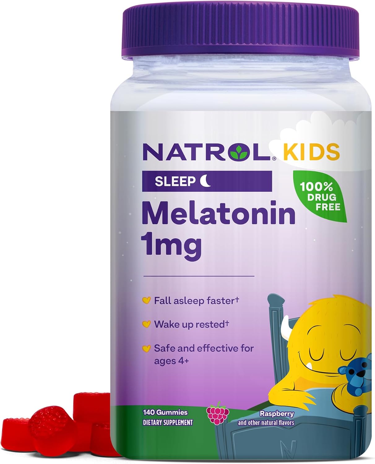 Natrol Kids Melatonin 1 mg เมลาโทนินเพื่อการนอนหลับสำหรับเด็ก เยลลี่รสราสเบอร์รี่ ขนาด 140 เม็ด
