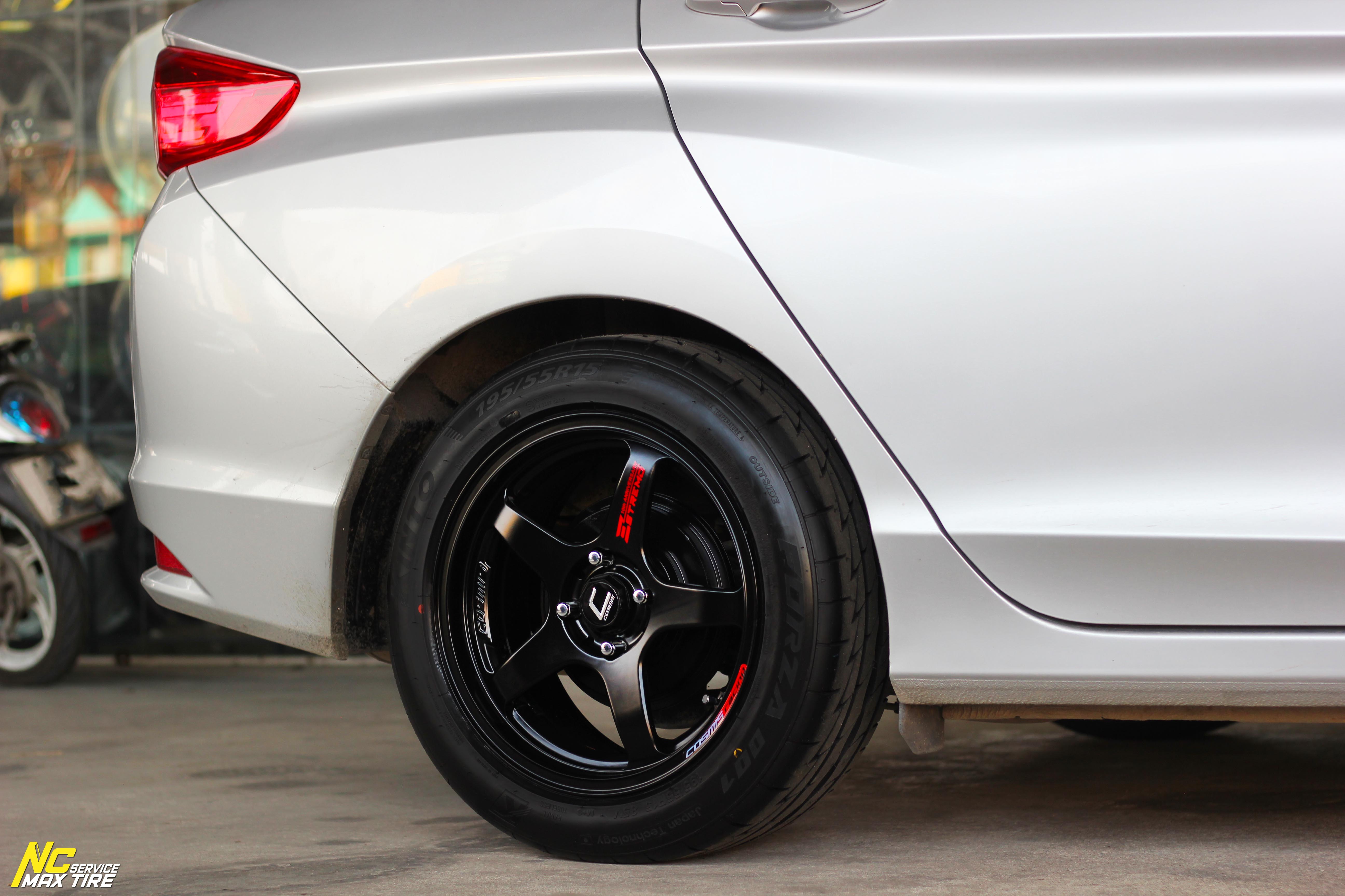 Honda City / ล้อแม็กขอบ15 / Cosmis / Estremo 10TH Anniversary / 15x7.0 4H100 ET35 / ล้อแม็กสีดำด้านทั้งวง+เพลท / ล้อแม็กสำหรับรถเก๋ง City Car , Eco Car / ล้อแม็กสวยๆ / NC