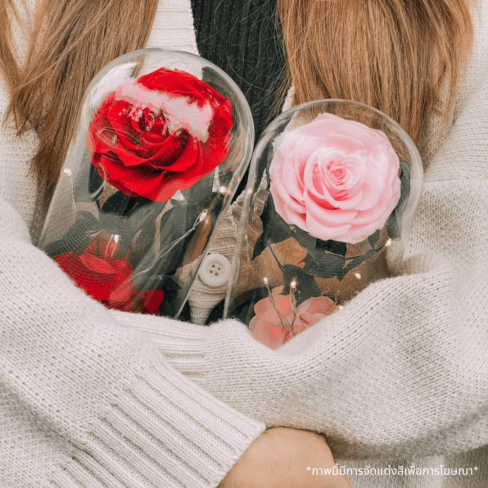 กุหลาบสดในโหลแก้ว มี 2 สีให้เลือก 【มีไฟที่ฐาน】พร้อมกล่องสุด Premium
