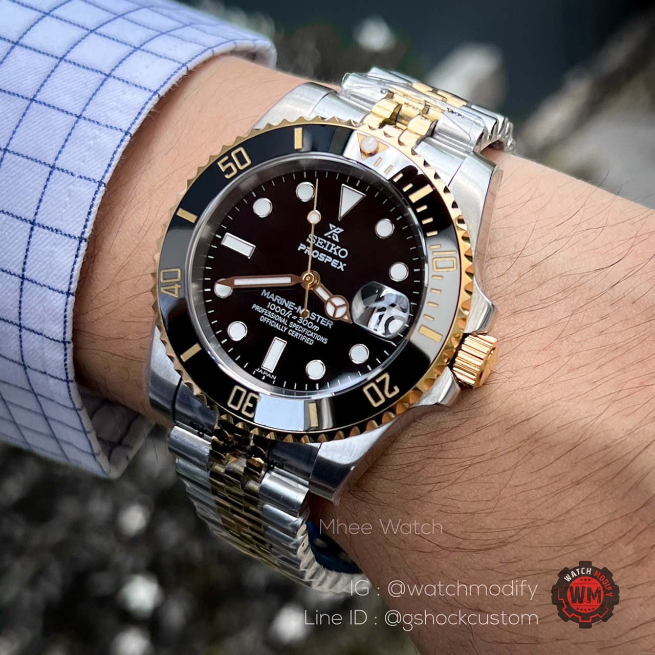Seiko Modified Black and Gold Submarine Bezel with twotone Jubilee Strap