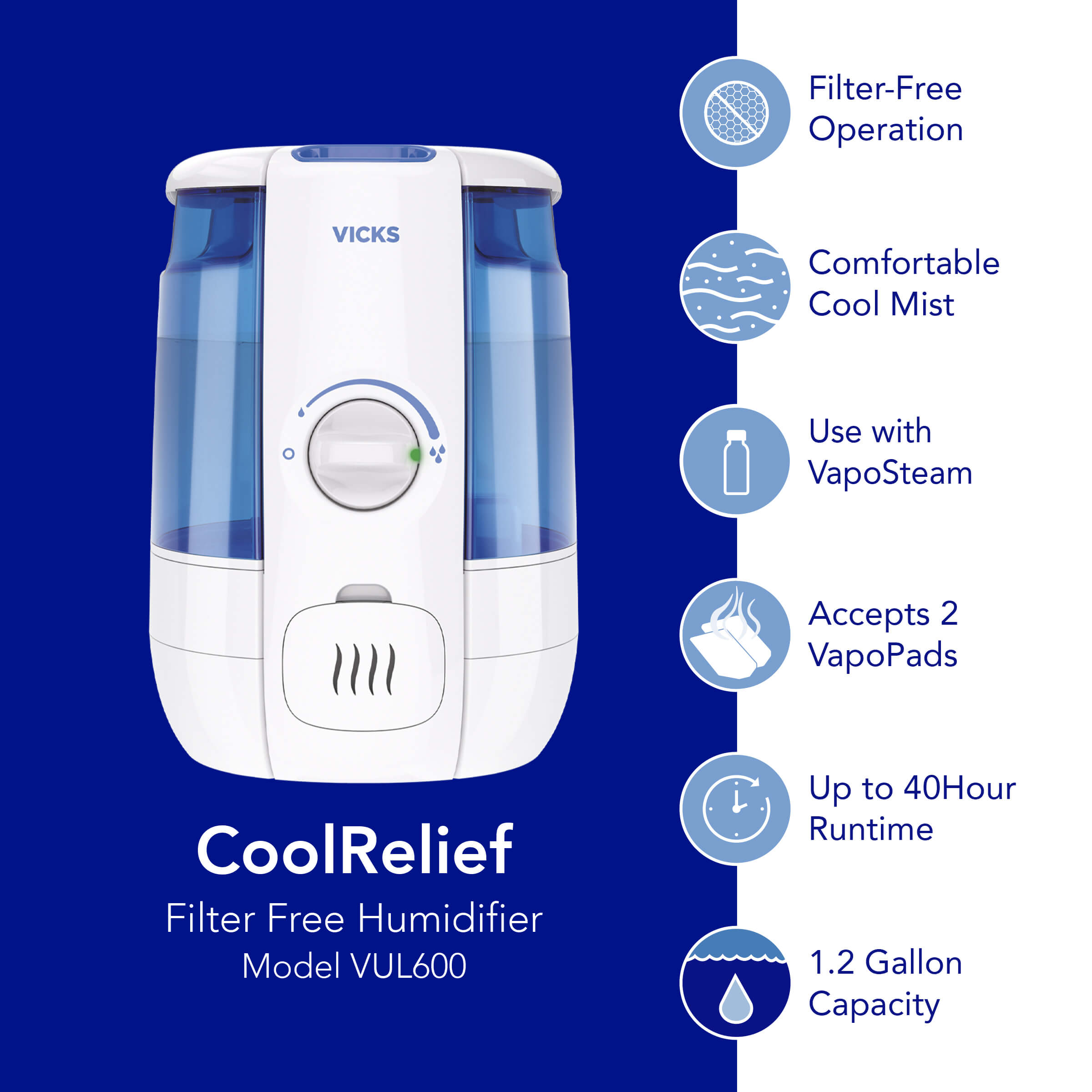 Vicks CoolRelief Cool Mist Humidifier เครื่องเพิ่มความชื้นแบบละอองเย็น พร้อมที่แปลงไฟ