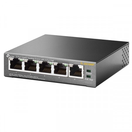 TP-LINK TL-SG1005P 5-Port Gigabit 10/100/1000Mbps RJ45 ports Desktop Switch with 4-Port PoE IEEE 802.3af compliant PDs., Max Power 65W.