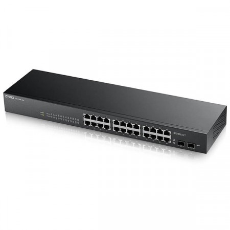 Zyxel GS1900-24 24-port GbE Smart Managed Switch with 2 GbE SFP ports รองรับ การทำ VLAN, QoS, Link Aggregation, 802.1x, CPU defense engine และ DoS prevention