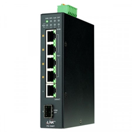 Link PS-1040T Unmanaged Industrial PoE+ Switch, 4-Port 10/100/1000Base-T PoE/PoE+ with 1-Port GE + 1-Port Gigabit SFP Uplink