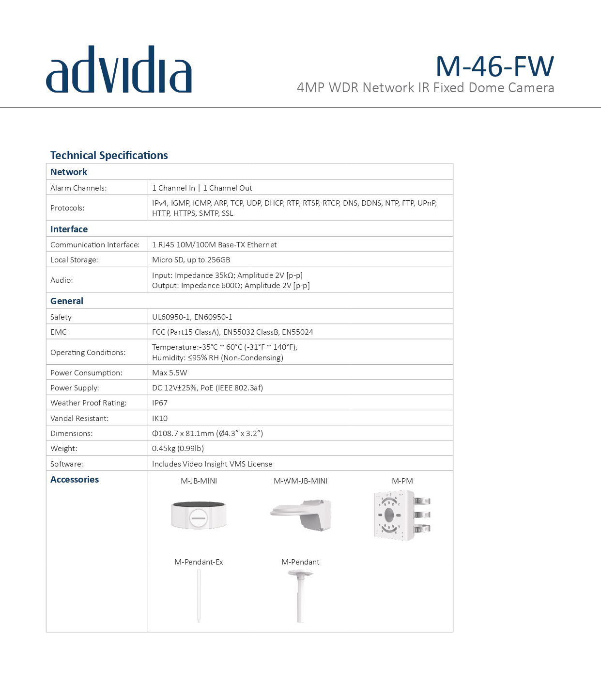 กล้องวงจรปิด Advidia รุ่น M-46-FW 4Mp Dome