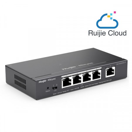 Reyee RG-ES205GC-P 5-Port Gigabit Smart Cloud Mananged PoE Switch, including 4 PoE/POE+ Ports, 54W PoE Power Budget, Desktop Steel Case