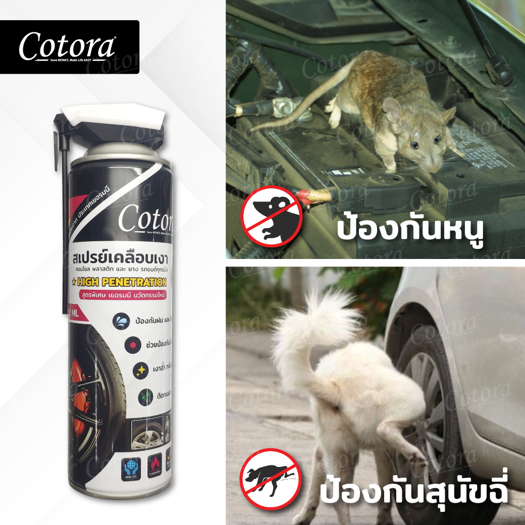 🕋 Cotora สเปรย์เคลือบเงารถ ฟื้นฟู บำรุง คอนโซล ยาง รถยนต์ มอไซ พลาสติก ไฟเบอร์ หนัง ห้องเครื่อง กันน้ำ รังสี UV