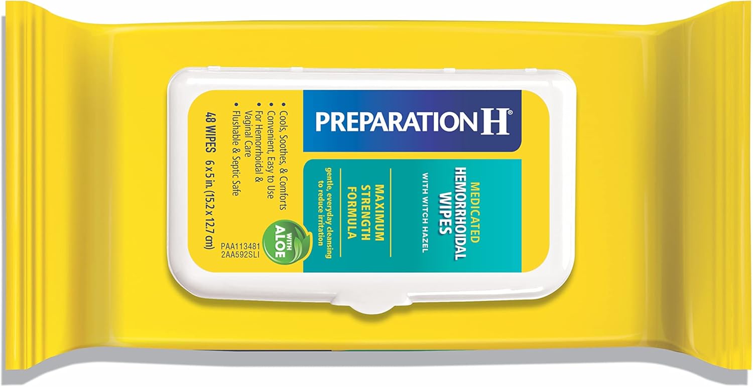 Preparation H Hemorrhoid Flushable Wipes with Witch Hazel for Skin Irritation ผ้าเช็ดทำความสะอาดริดสีดวงทวาร สำหรับผิวระคายเคือง 48 แผ่น