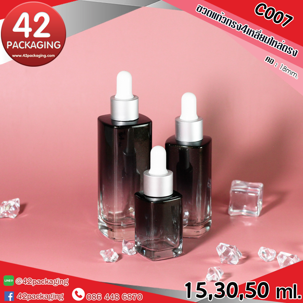 ขวดแก้ว ทรงสีหลี่ยม ไหล่ตรง C007