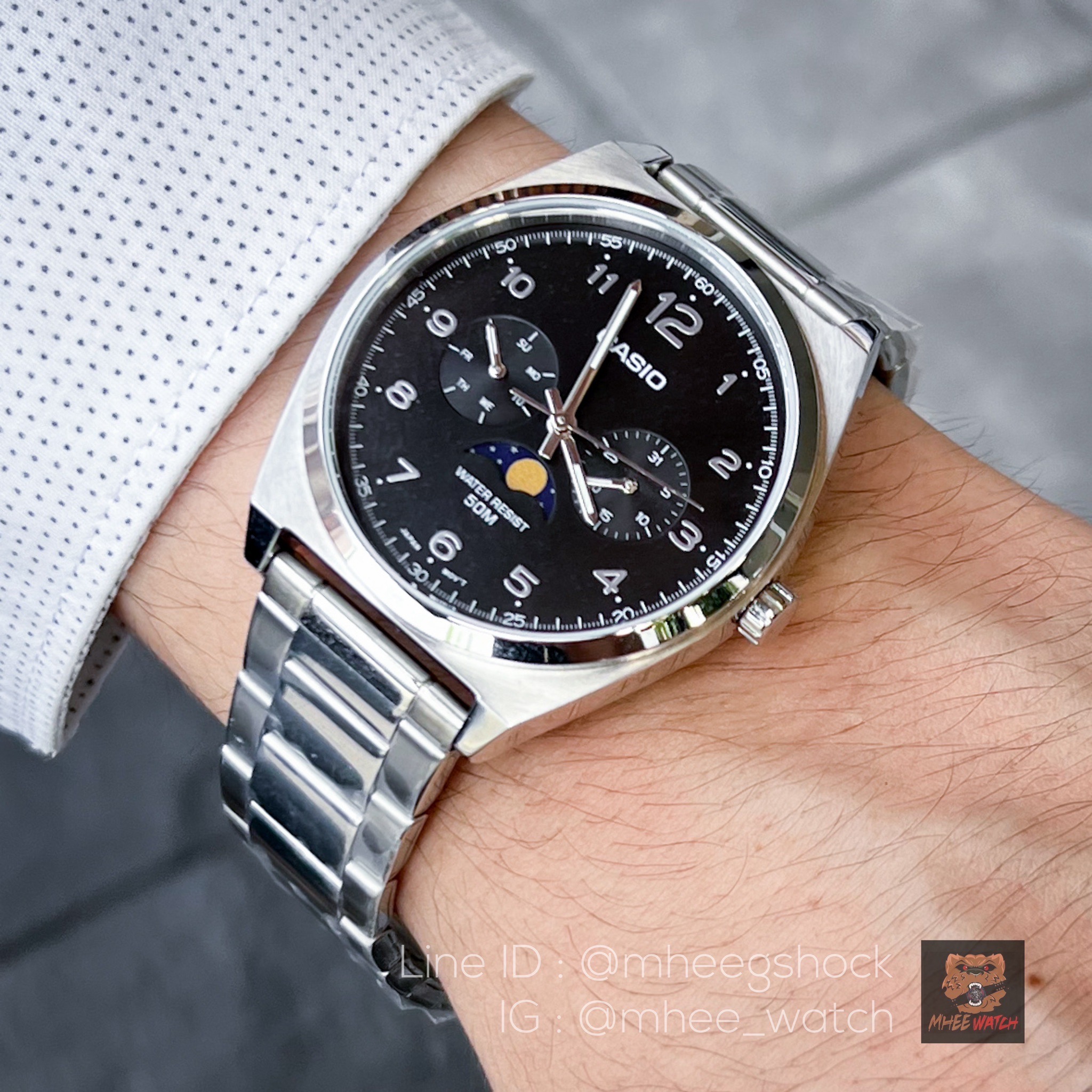 Casio Moon Phase หน้าปัดดำ สายสตีล ทั้งเรือน ของแท้ ประกันศูนย์