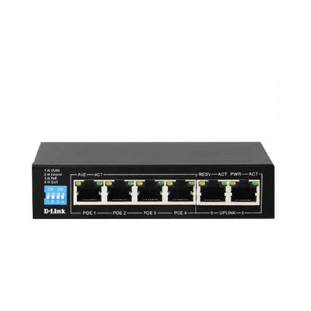 D-Link DGS-F1006P-E 6-Port Gigabit 4 Ports PoE/PoE+ and 2 RJ45 Uplink Ports, Smart Features: Extend, VLAN, QoS, 60W PoE Budget, Desktop Switch Metal Case