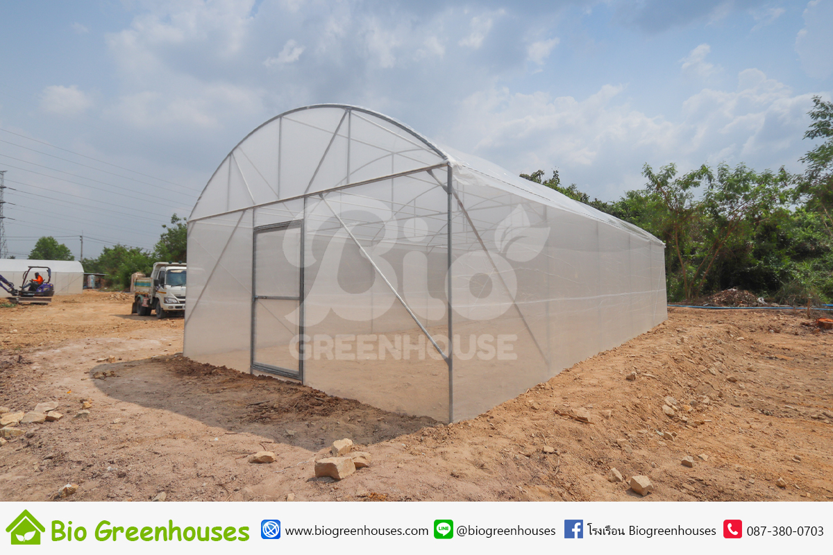 โรงเรือนเมล่อน ทรงจั่วโค้ง ขนาด 6x12ม. พร้อมราวแขวน 4หลัง จ.ชลบุรี