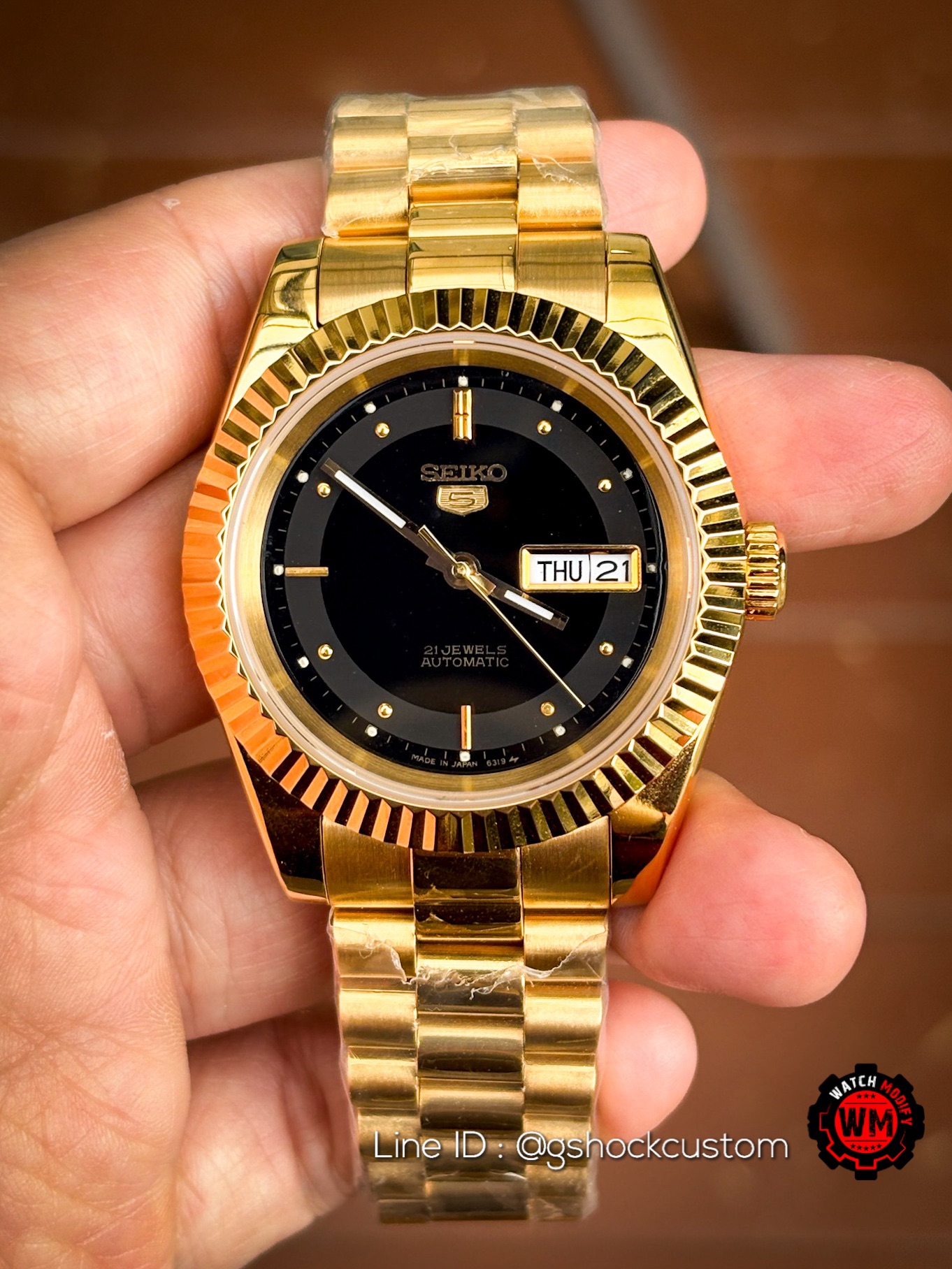 Seikomod Yellow Gold Datejust 5Sports Dial Gold President Strap