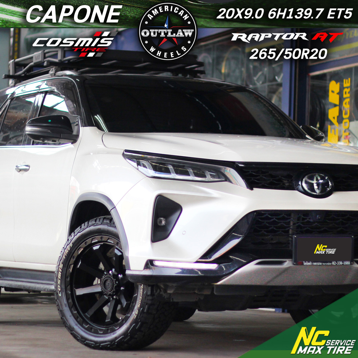 Toyota Fortuner / ล้อแม็กขอบ20 / CAPONE / AMERICAN OUTLAW / ล้อแม็กสีดำด้าน / SATIN BLACK / 20X9.0 6H139.7 ET5 / Cosmis Tire / Raptor AT / 265/50R20