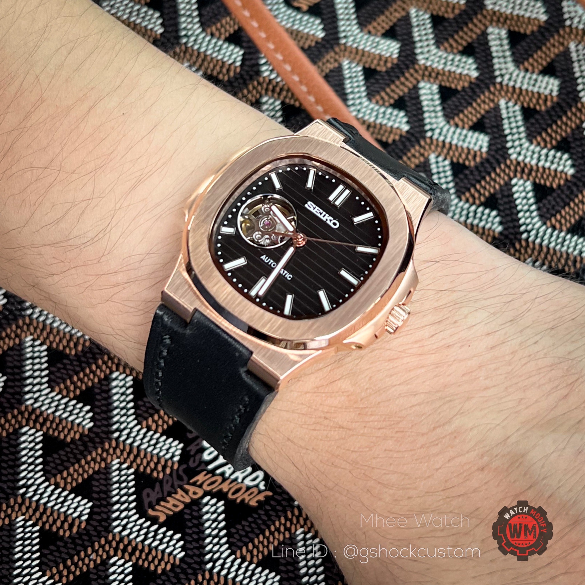 SeikoMod Open Heart Nautilus Design Rosegold Case Black Waffle Dial NH38 Movement