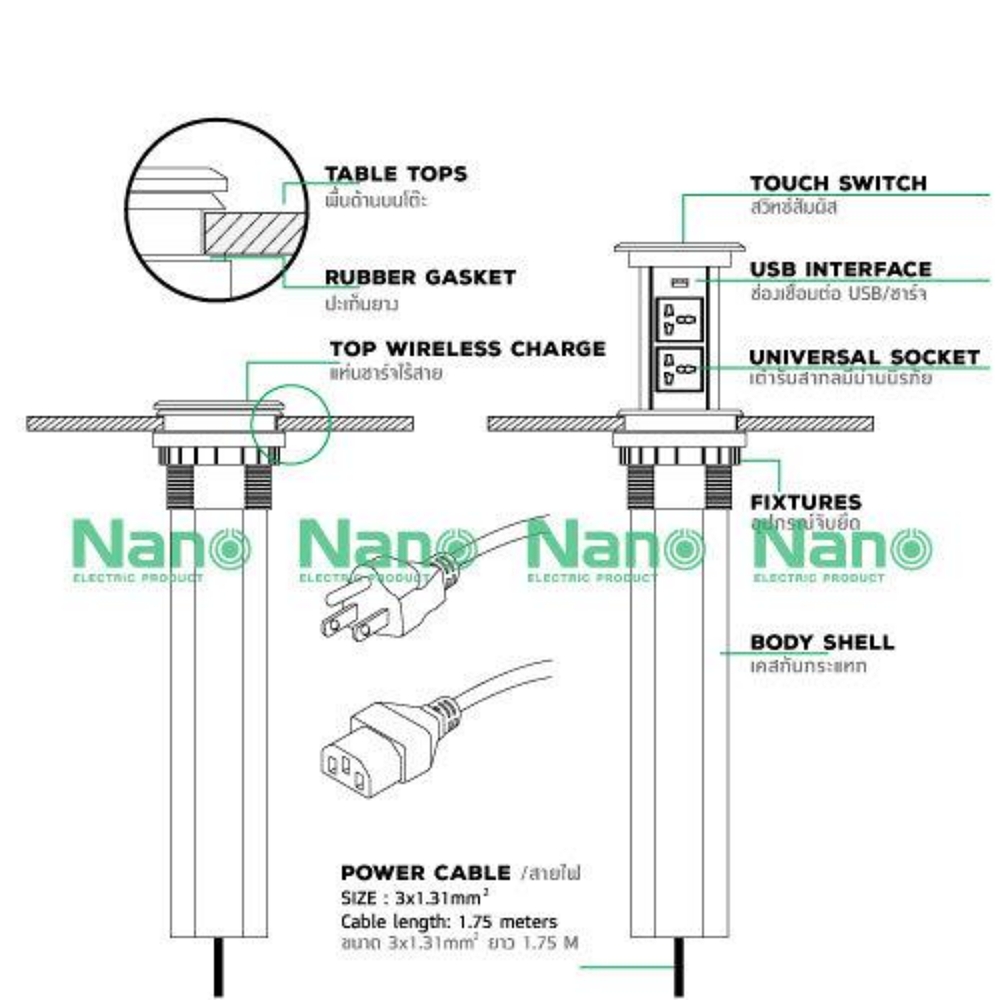 NANO Electric® S-02B / S-02S เต้ารับฝังโต๊ะ 2 เต้ารับ+USB 1 ช่อง+แท่นชาร์จไร้สาย