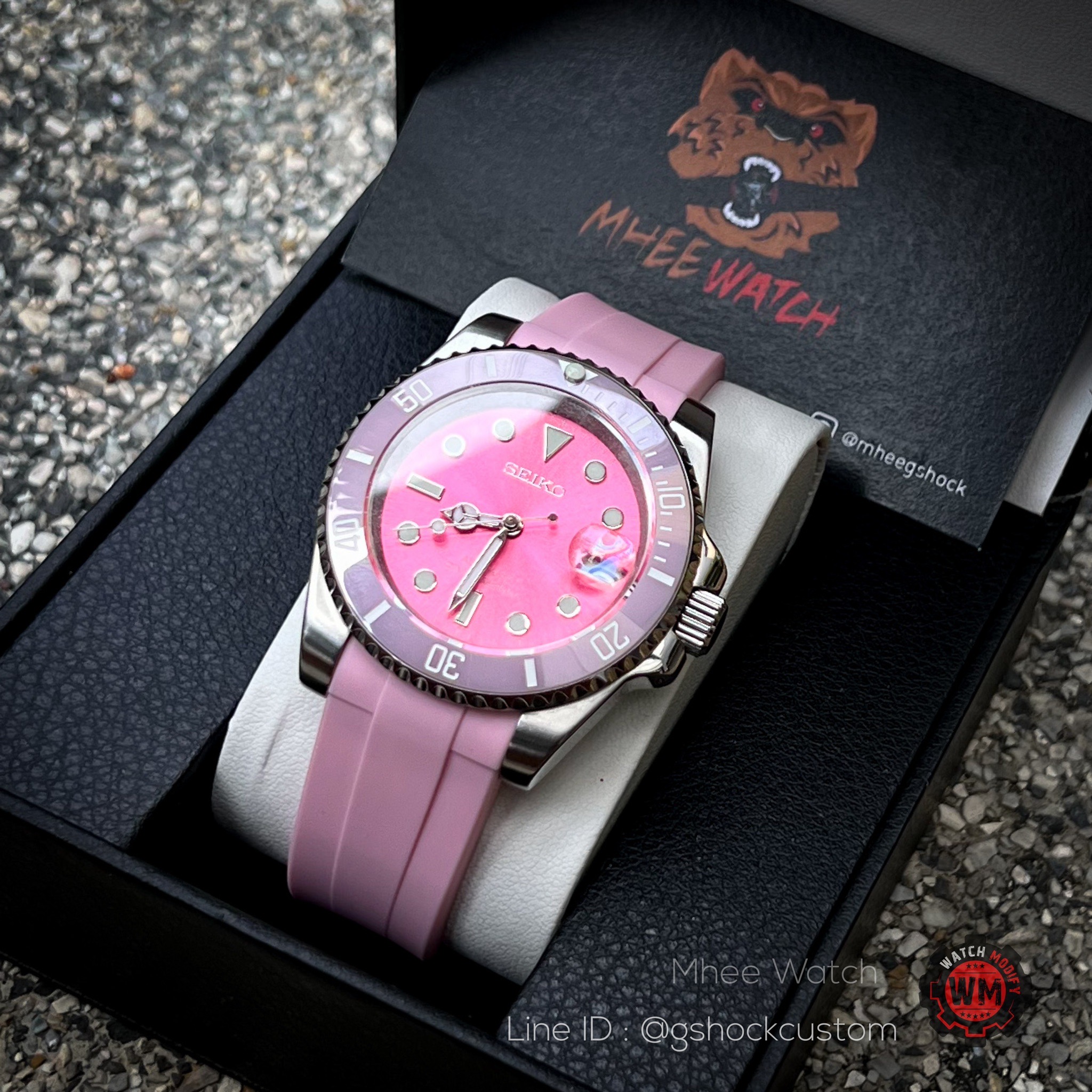Seiko Mod submarine Ceramic Pink Dial Rubber strap
