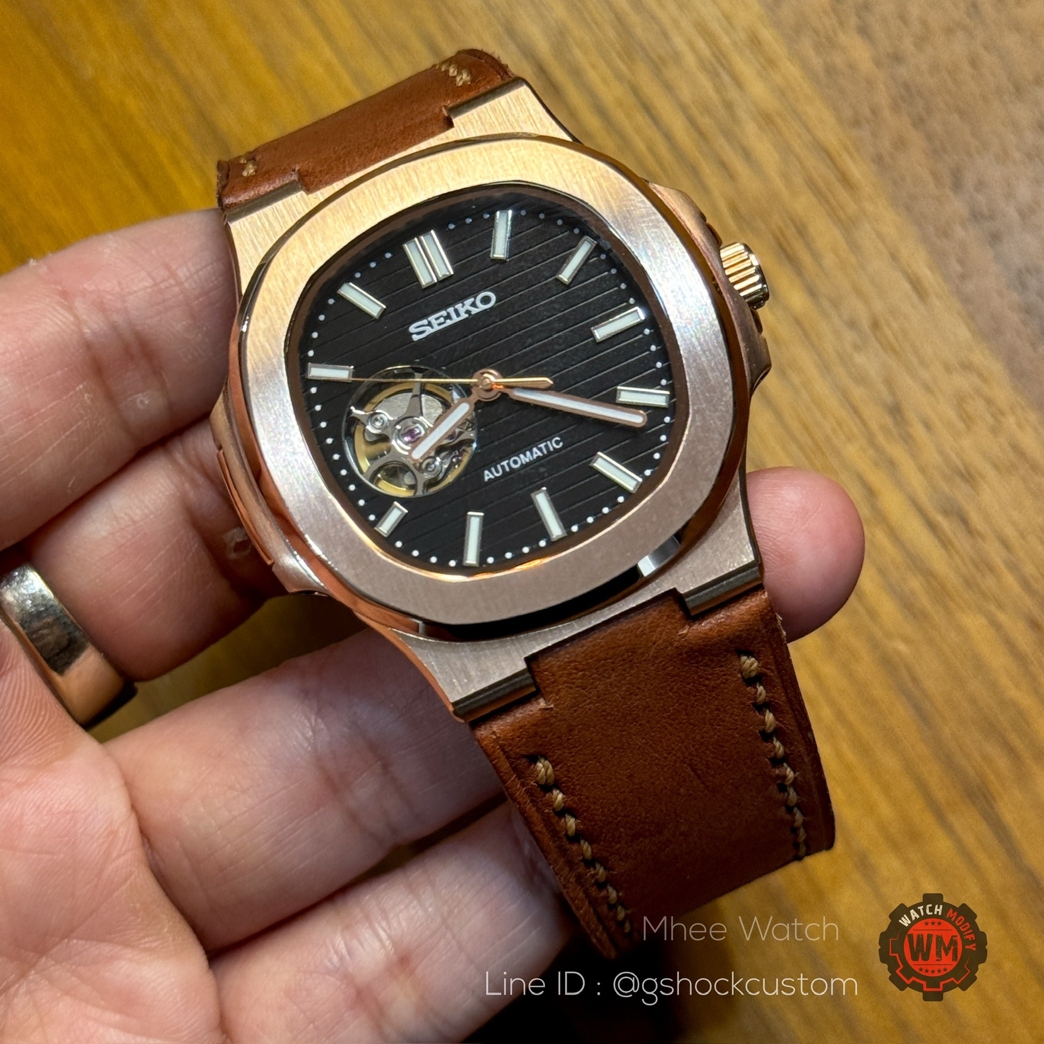SeikoMod Open Heart Rosegold Black Dial Leather Straps Automatic Movement