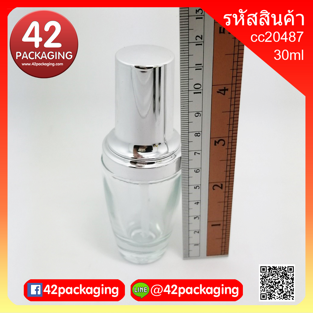 ขวดแก้วใสทรงโอ่งผอม+ ปั้ม ฝาปั้มเงิน หรือดรอป 30 ml (3529+3527)