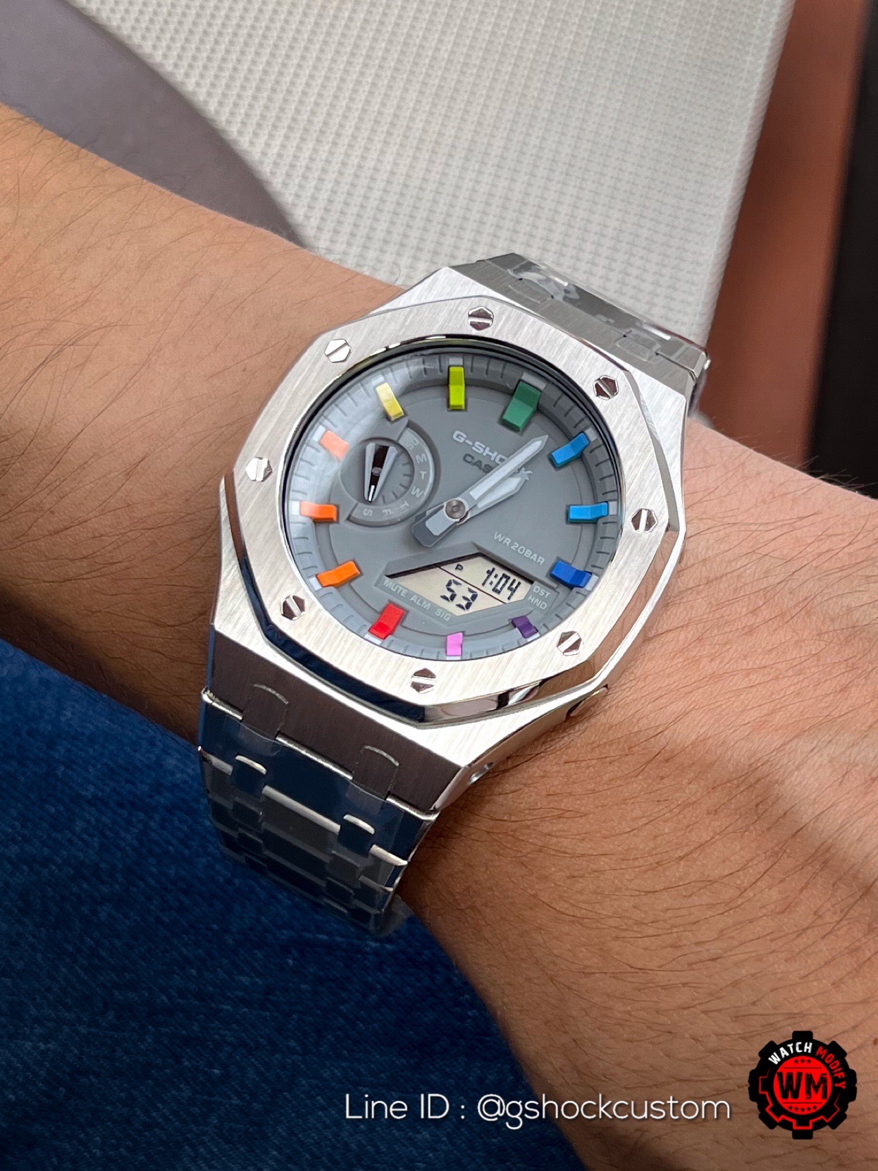 G-Shock Casioak Grey Rainbow Index Dial Full Silver Metal Strap