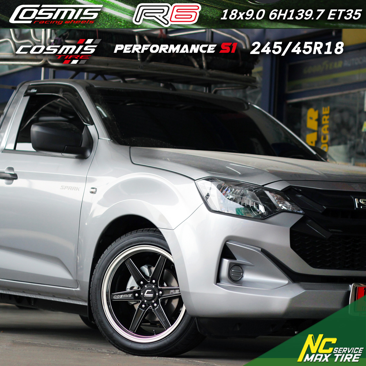 Isuzu Dmax / ล้อแม็กขอบ18 / Cosmis / R6 / 18x9.5 6H139.7 ET35 / ล้อแม็กสีดำเงาขอบเงา / Performance S1 / 245/45R18