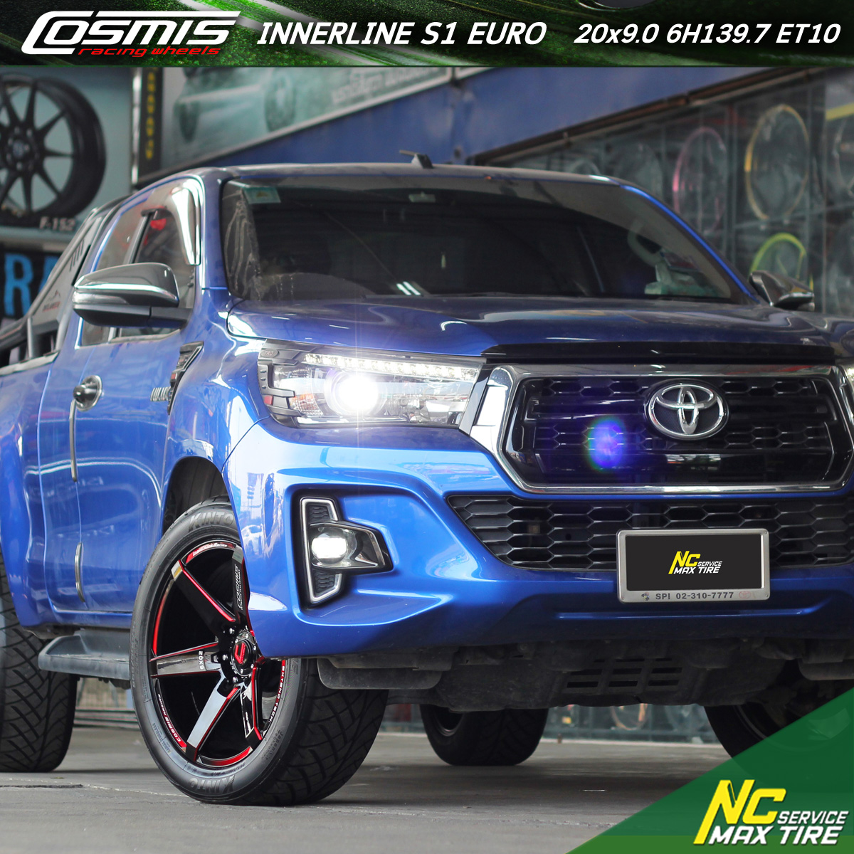 Toyota Hilux Revo / ล้อแม็กขอบ20 / Cosmis / NAYA / INNERLINE S1.EURO / 20x9.0 6H139.7 ET10 / ล้อแม็กสีดำ+CNCข้างก้าน+ตัวหนังสือ / NCmaxtireService