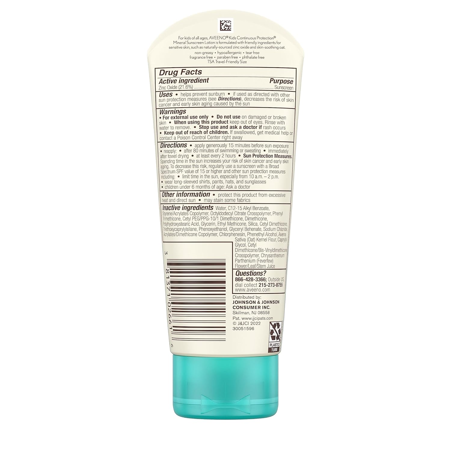 Aveeno Kids Continuous Protection Mineral Sunscreen Lotion for Sensitive Skin SPF 50 โลชั่นกันแดดสำหรับผิวแพ้ง่าย