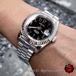 Seikomod Silver Datejust 39mm Black Arab Dial Fluted Bezel President Strap