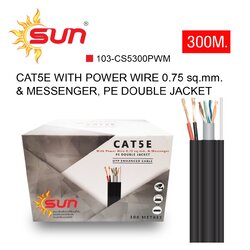 สาย LAN CAT5E OUTDOOR+ POWER WIRE ขนาด 0.75 sq.mm. (DC)รุ่นมีลวดสลิง สีดำ ยาว 300 เมตร Double Jacket SUN