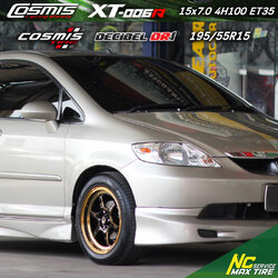 Honda City / ล้อแม็กขอบ15 / Cosmis / XT-006R / 15X7.0 4H100 ET35 / ล้อแม็กสีดำ+ขอบไดร์ทอง+CNCข้างก้านไดร์ทอง / Decibel DR1 / 195/55R15 / PP
