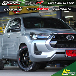 Toyota Hilux Revo / กระบะตัวเตี้ย / ล้อแม็กขอบ18 / Cosmis / Type-R / Revolution / 18x8.5 5H113 ET22 / ล้อแม็กสีดำเงาทั้งวง+CNCตัวหนังสือแดง / T1RS / 255/50R18