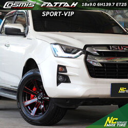 ISUZU DMAX / Cosmis / FATTAH / SPORT-VIP / ล้อแม็กสำหรับรถกระบะ / ล้อแม็กสวยๆ / 18x9.0 6H139.7 ET25 / ล้อแม็กสีดำเงาทั้งวง+CNCข้างก้านแดง+CNCตัวหนังสือขาว / NC