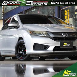 Honda City / ล้อแม็กขอบ15 / Cosmis / Estremo 10TH Anniversary / 15x7.0 4H100 ET35 / ล้อแม็กสีดำด้านทั้งวง+เพลท / ล้อแม็กสำหรับรถเก๋ง City Car , Eco Car / ล้อแม็กสวยๆ / NC