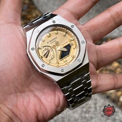 G-Shock Casioak Custom AP Style Golden Dial Full Silver Metal Bezel and Strap