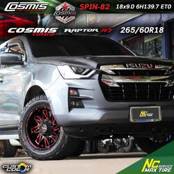 NCรีวิว.EP681 ISUZU D-MAX Cosmis : DEVIL SPIN-82 18x9.0 6H139.7 ET0 ล้อแม็กสีดำCNCข้างก้านแดงCNCตัวหนังสือ RAPTOR-AT 265/60R18 NCล้อแม็ก