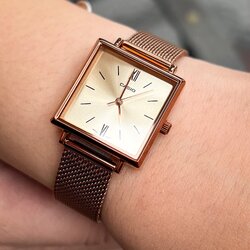 Casio Lady Beige Rosegold Square Dial Mesh Steel Strap