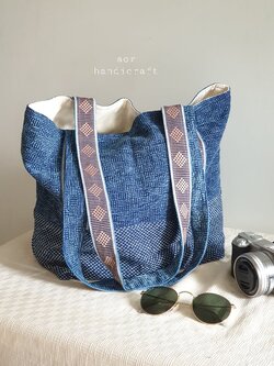 กระเป๋า tote ผ้าฝ้ายเกล็ดเต่าเนื้อผ้าทอลายขัดลาย(STONE WASH