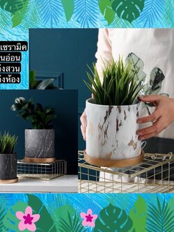 TS061J002 TROPACL กระถางเซรามิค กระถาง ลายหินอ่อน ฐานสีทอง กระถางต้นไม้ กระถางสวยๆ กระถางดอกไม้ MARBLE CERAMIC PLANT POT