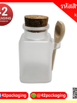 กระปุกพลาสติกทรงสี่เหลี่ยม จุกไม้+ช้อนไม้ 100 กรัม #ใช้รหัส4657+4653+4654