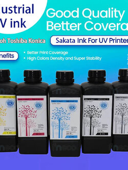 หมึกพิมพ์ UV อุตสาหกรรม ญี่ปุ่น Sakata Ricoh Toshiba Konica สีสด สำหรับเครื่องพิมพ์ UV ROLL Flatbed ขูดไม่ออก ไม่หลุด กันน้ำ การยึดเกาะได้ดี
