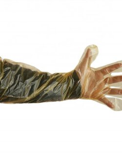 ถุงมือ PE Glove / ถุงมือผสมเทียม ถุงมือพลาสติกยาว หนา ถึงหัวไหล่ ใช้แล้วทิ้ง โดย 1 กล่อง บรรจุ 100 ชิ้น