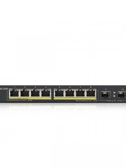 Zyxel GS1900-10HP 8-port GbE Smart Managed Desktop PoE Switch (77 Watt) with 2 GbE SFP ports รองรับ PoE มาตรฐาน 802.3at โดยจ่ายไฟต่อพอร์ตสูงสุดถึง 30W รองรับ การทำ VLAN, QoS, Link Aggregation, 802.1x, CPU defense engine และ DoS prevention